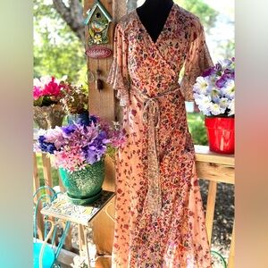 Love Stitch Pink Floral Chiffon Wrap Around Butterfly Sleeves Maxi Dress
